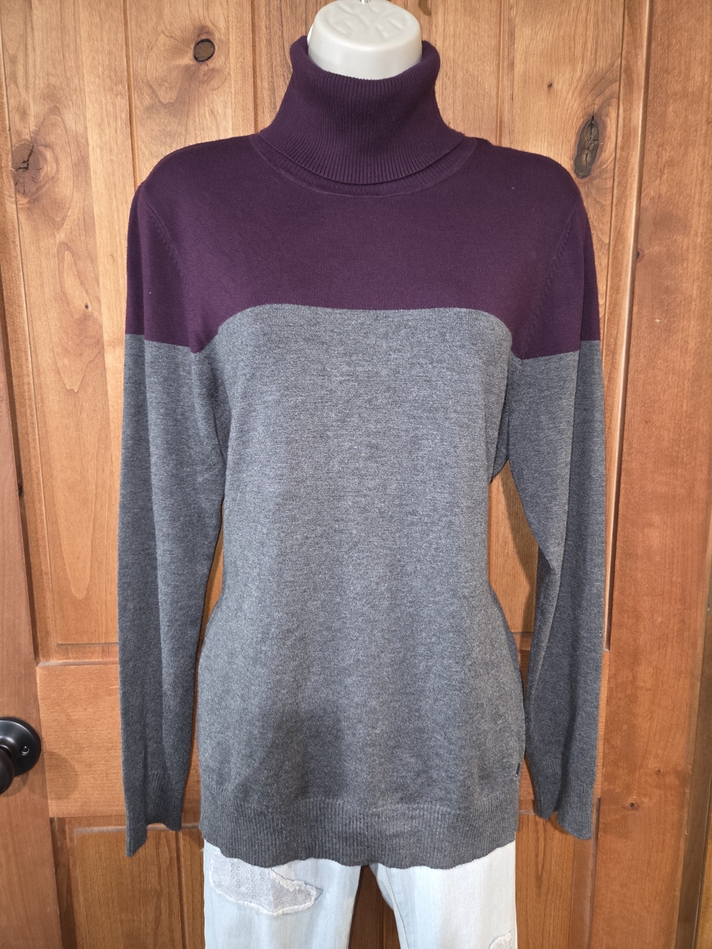 Calvin Klein Purple & Gray Colorblock Turtleneck Sweater